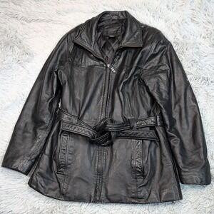 Kathy Ireland‎ Jacket Womens M Black Leather Coat Belt Pockets Zip Up Softshell